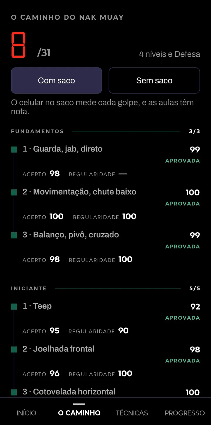 O Caminho: as aulas por nível, cada uma com a sua nota.