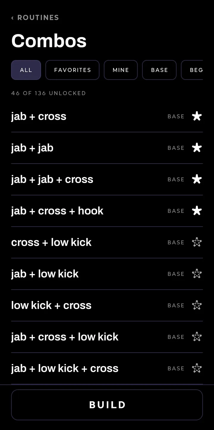 The combo library, with favorites starred.