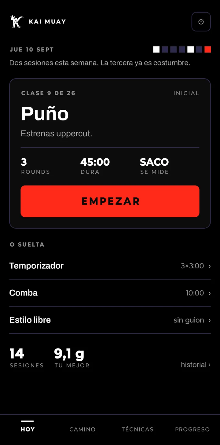 The home screen: today’s class with its rounds and duration, and below it the timer, the rope and free style.