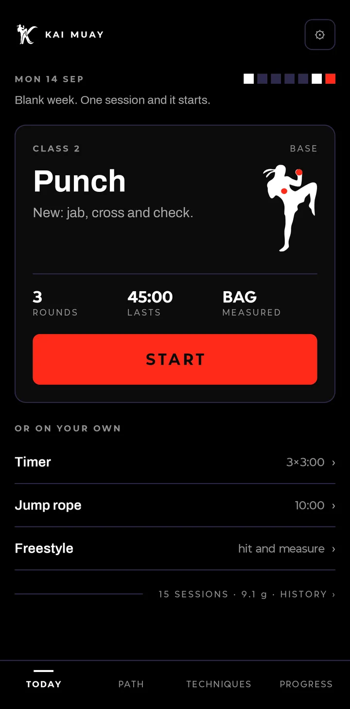 The home screen: today’s class with its rounds and duration, and below it the timer, the rope and free style.