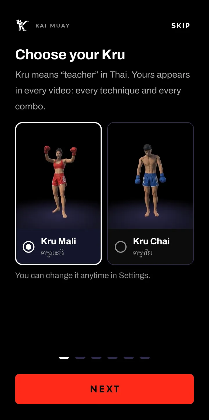 Choose your Kru: Kru Mali, chosen, with her arms up, and Kru Chai next to her.