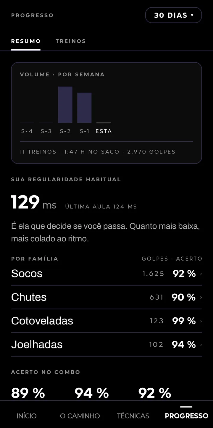 Progresso: os treinos por semana e os golpes por família.