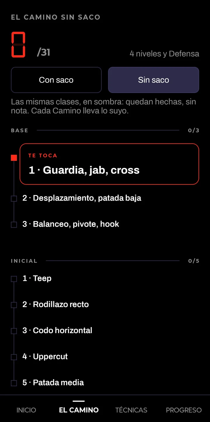 El Camino sin saco: las mismas clases, en sombra, con la primera por hacer.