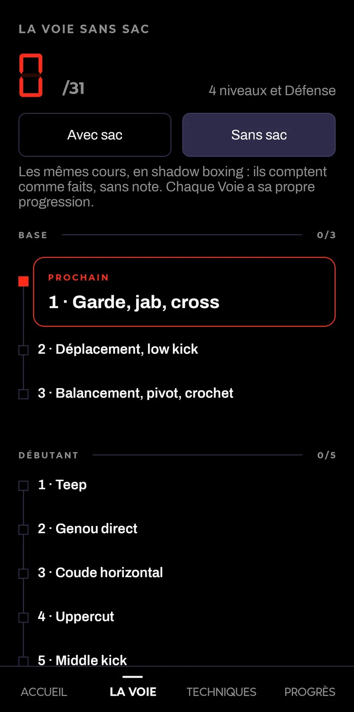 La Voie sans sac : les mêmes cours en shadow boxing, avec le premier à faire.
