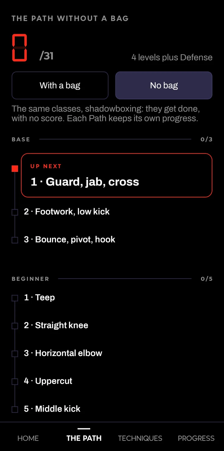 The Path without a bag: the same classes, shadowboxing, with the first one up next.