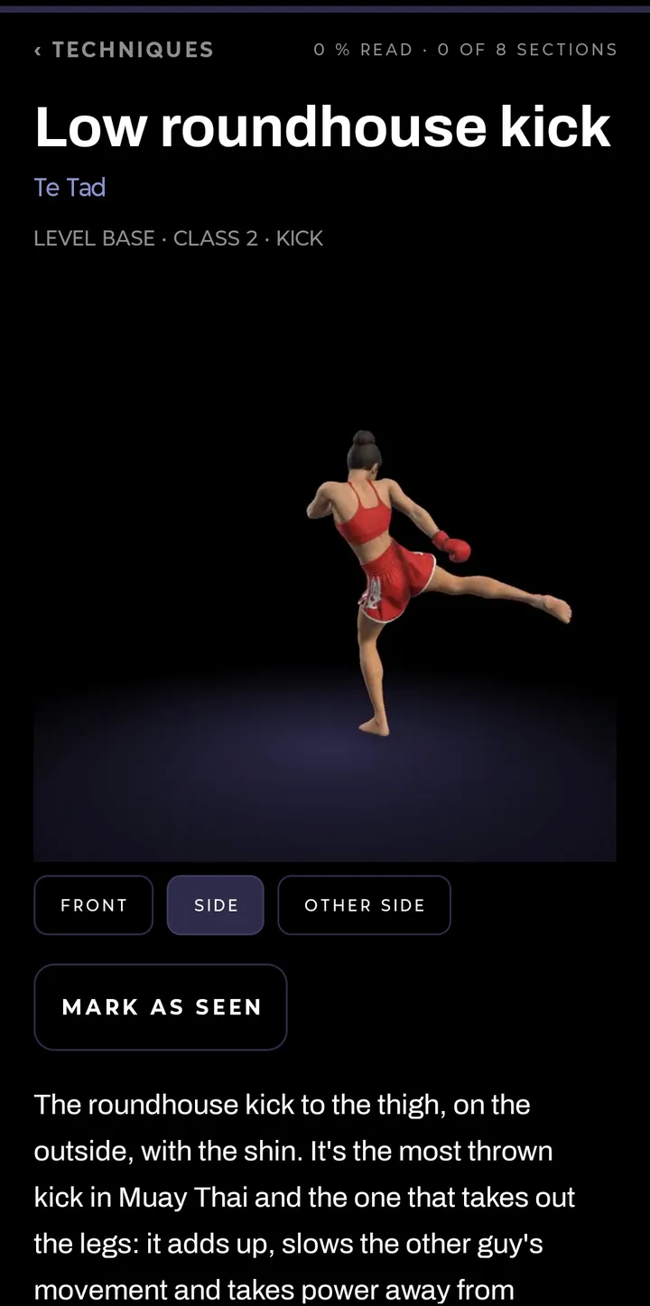 A technique card with Kru Mali on video, from the front, the side and the other side.