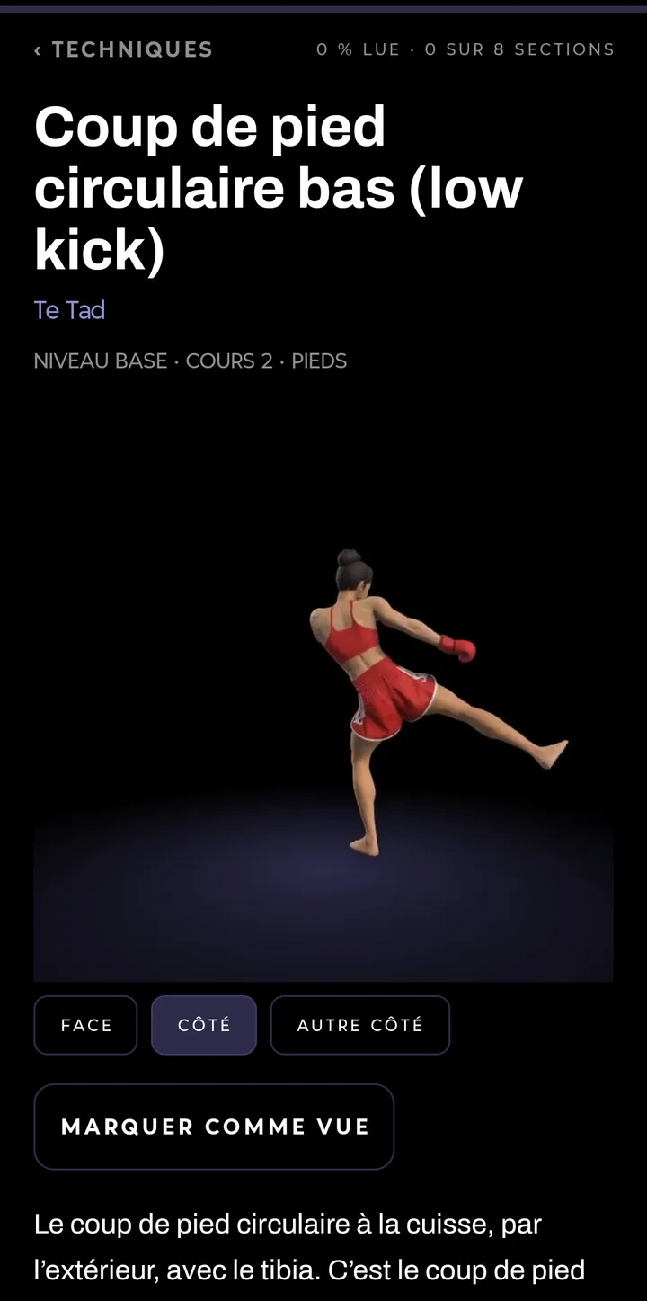 La fiche d’une technique, avec Kru Mali en vidéo, de face, de profil et de l’autre côté.
